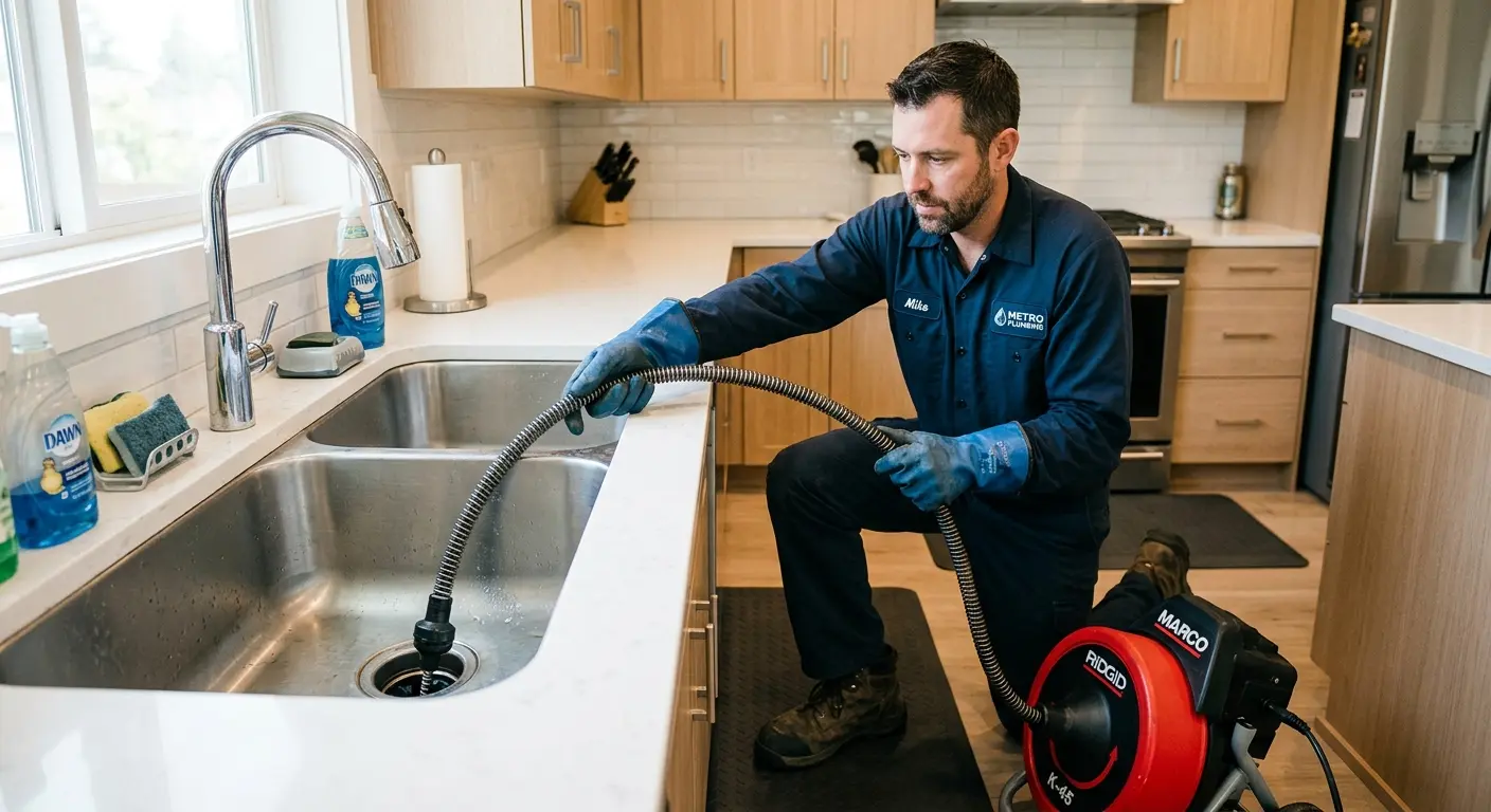 Drain cleaning technician using a motorized snake on a kitchen sink in Byram