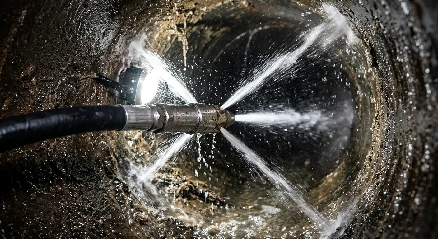 High-pressure hydro jetting nozzle cleaning sewer pipe for Storm Drain Cleaning in Byram
