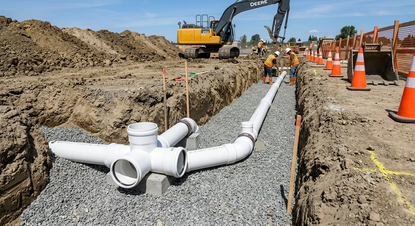 New PVC sewer pipe installation in open trench for Sewer Backup in Byram