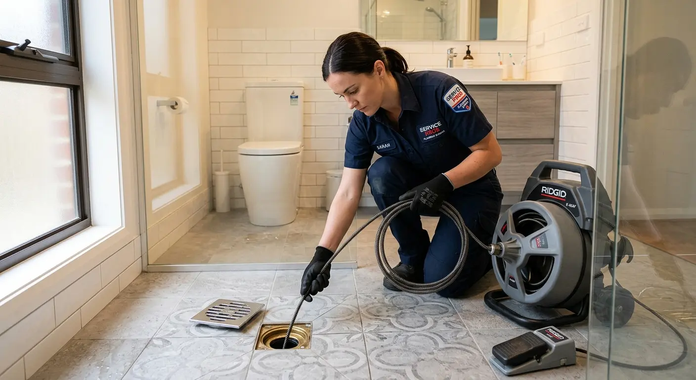 Technician clearing a bathroom floor drain for Sewer Line Replacement in Byram